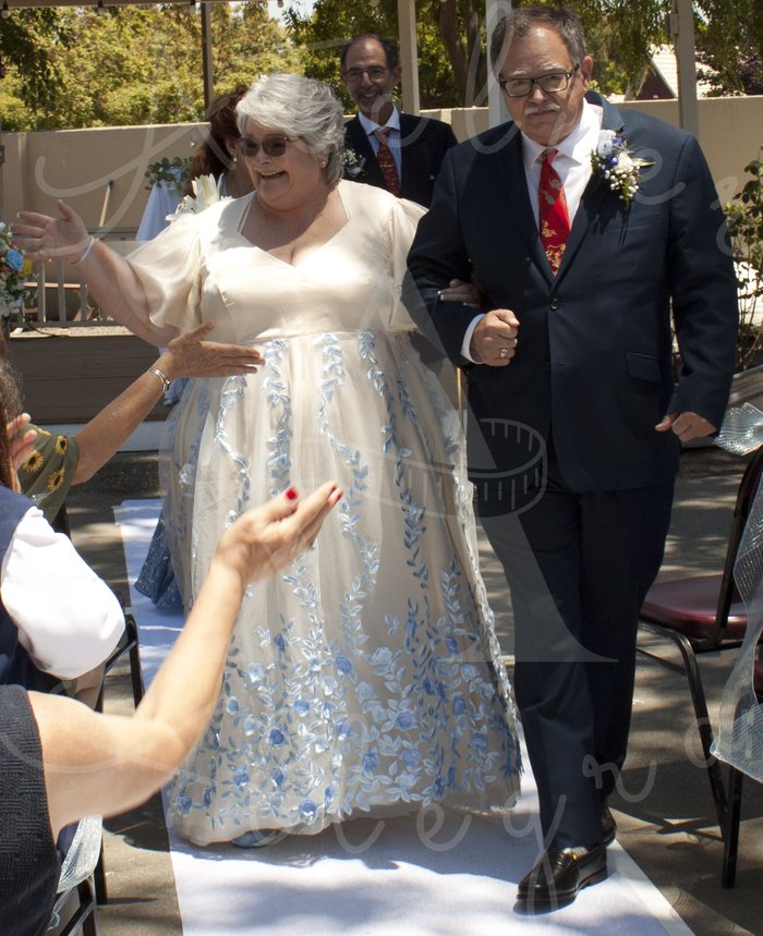 Bride walking down the aisle in an ivory A-line gown with pale blue floral vine appliqué and embroidery